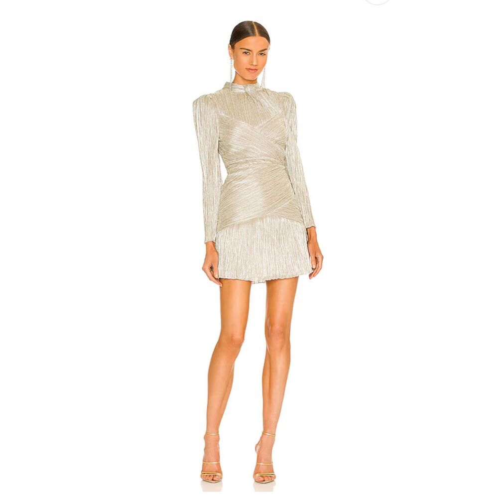 Saylor Saydee Mock Neck Long Sleeve Ruched Mini Dress Metallic Large $275
